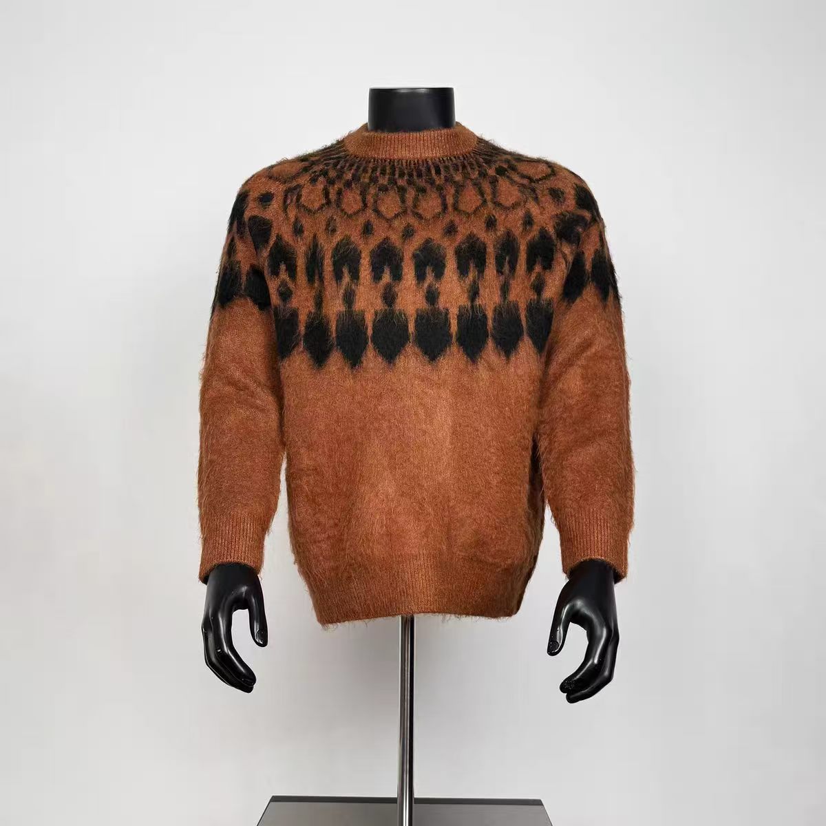 Men Caramel Brown Fair Isle Yoke Fuzzy Mohair Crew Neck Sweater Loose Retro Knit Jumper