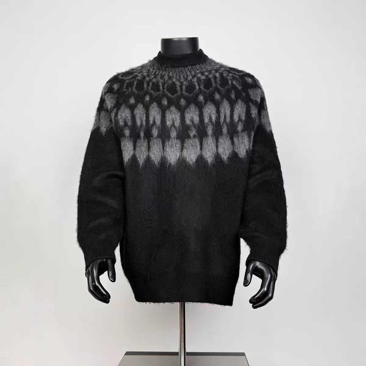 Men Black Base Grey Fair Isle Yoke Fuzzy Mohair Crew Neck Sweater Loose Winter Knit Jumper