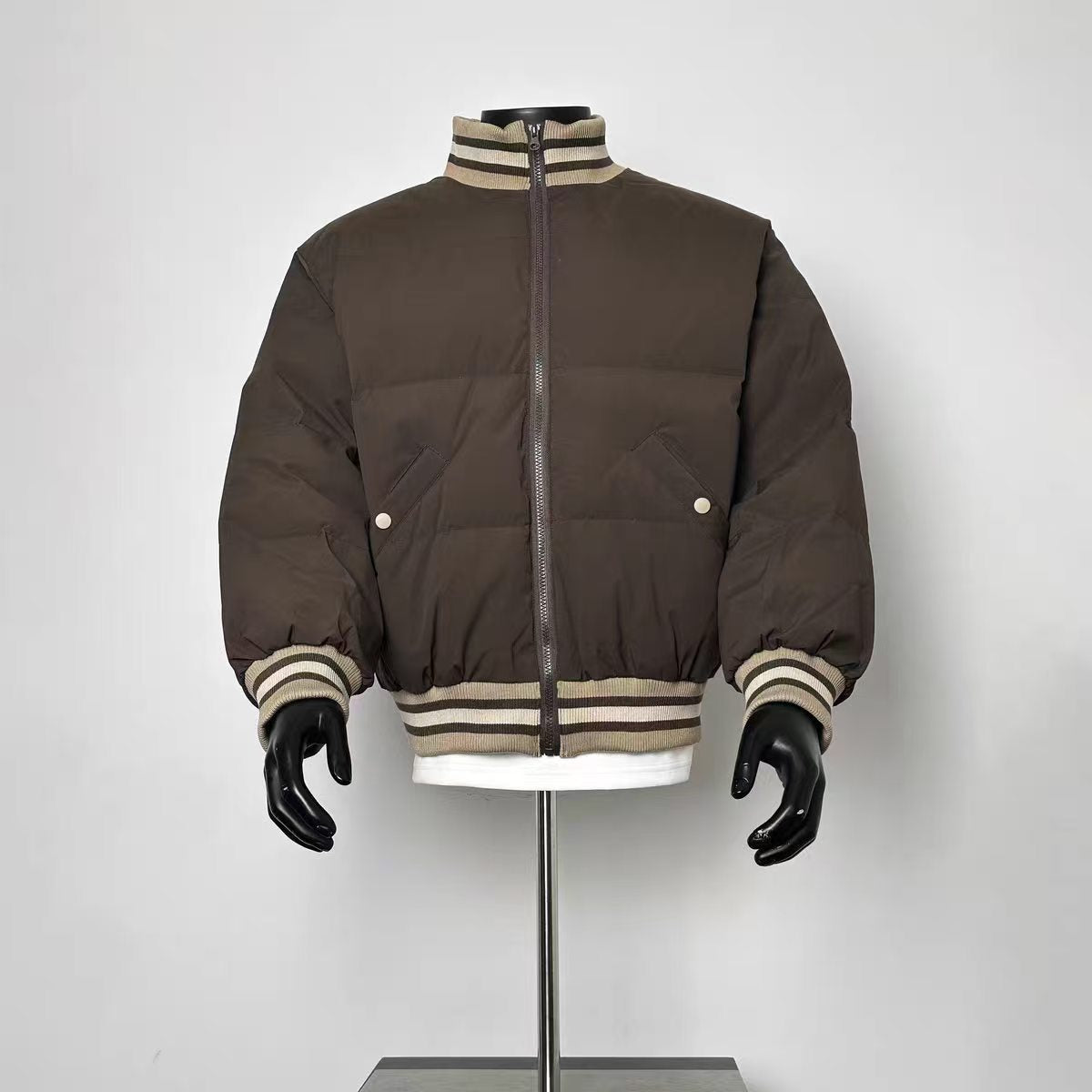 Men's Vintage Stripe Rib Collar Cropped Puffer Bomber Jacket, Loose Zip Up Warm Winter Coat