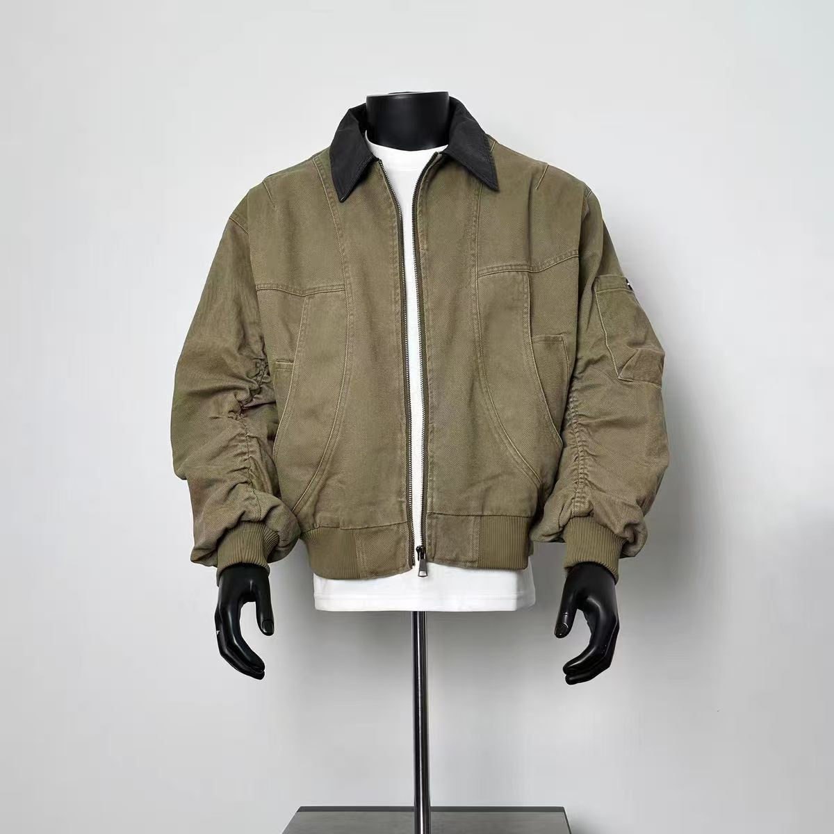 Men's Vintage Washed Canvas Bomber Jacket Contrast Black Collar Loose Cropped Workwear Coat