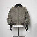 Men's Vintage Washed Grey-Green Canvas Bomber Jacket Contrast Black Lapel Collar Loose Ruched Sleeve Workwear Coat