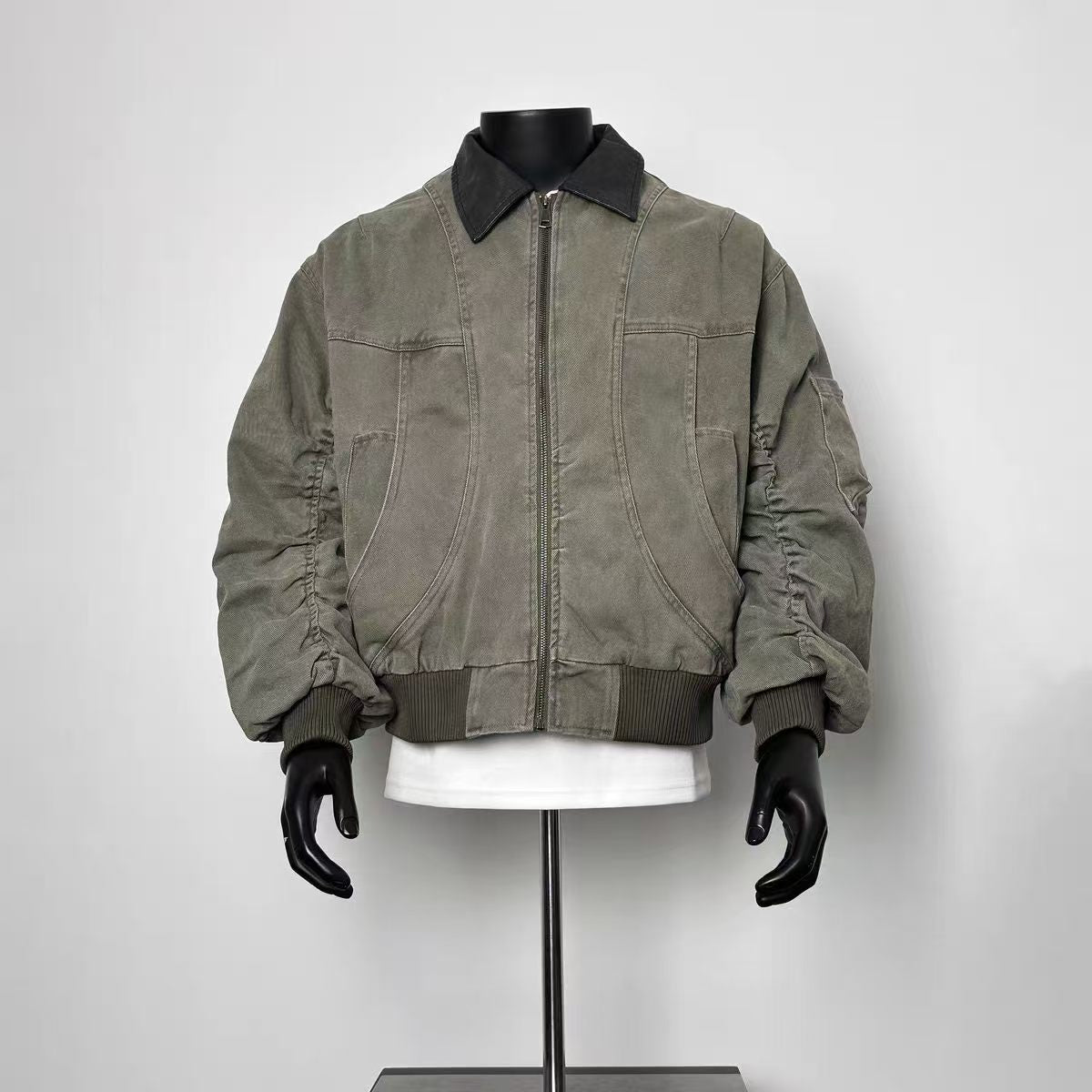 Men's Vintage Washed Grey-Green Canvas Bomber Jacket Contrast Black Lapel Collar Loose Ruched Sleeve Workwear Coat