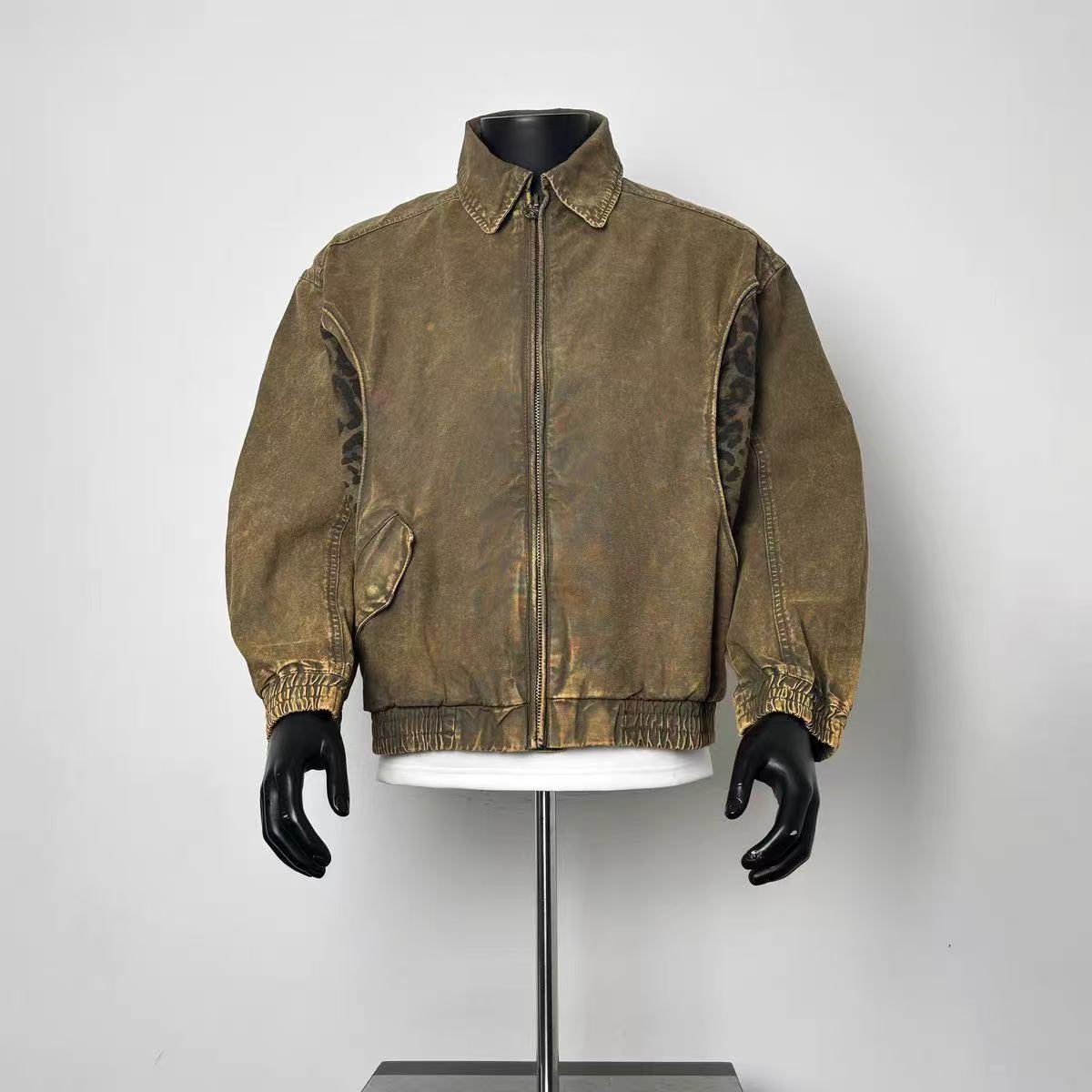 Men's Vintage Distressed Washed Canvas Bomber Jacket Leopard Print Splicing Lapel Collar Loose Retro Work Coat