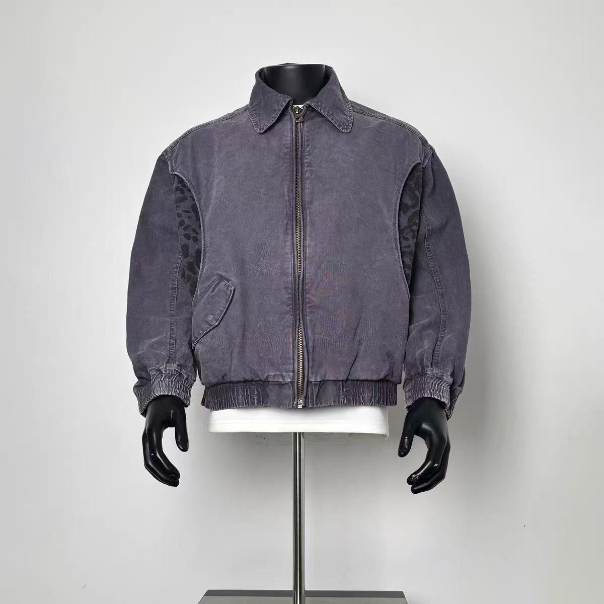 Men's Vintage Faded Grey Purple Washed Canvas Bomber Jacket Leopard Print Side Splicing Lapel Collar Loose Retro Work Coat