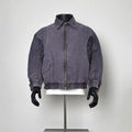 Men's Vintage Faded Grey Purple Washed Canvas Bomber Jacket Leopard Print Side Splicing Lapel Collar Loose Retro Work Coat