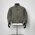 Men's Vintage Washed Army Green Canvas Bomber Jacket Leopard Print Spliced Lapel Collar Loose Retro Workwear Coat