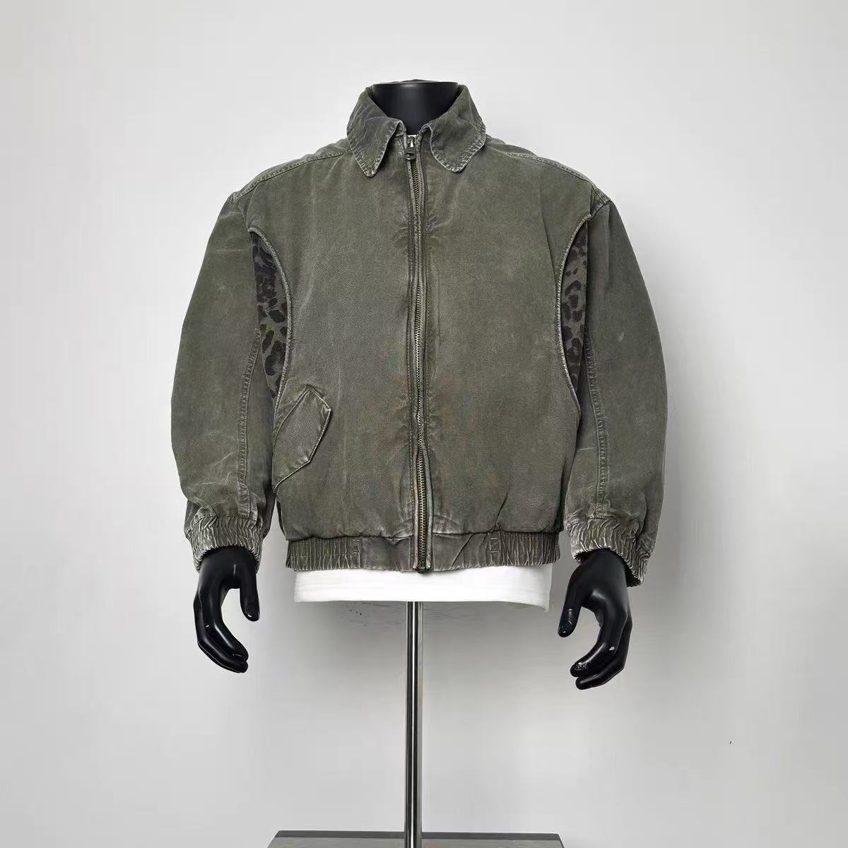 Men's Vintage Washed Army Green Canvas Bomber Jacket Leopard Print Spliced Lapel Collar Loose Retro Workwear Coat