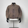 Vintage Coffee Brown Canvas Bomber Jacket Men Leopard Spliced Lapel Work Coat