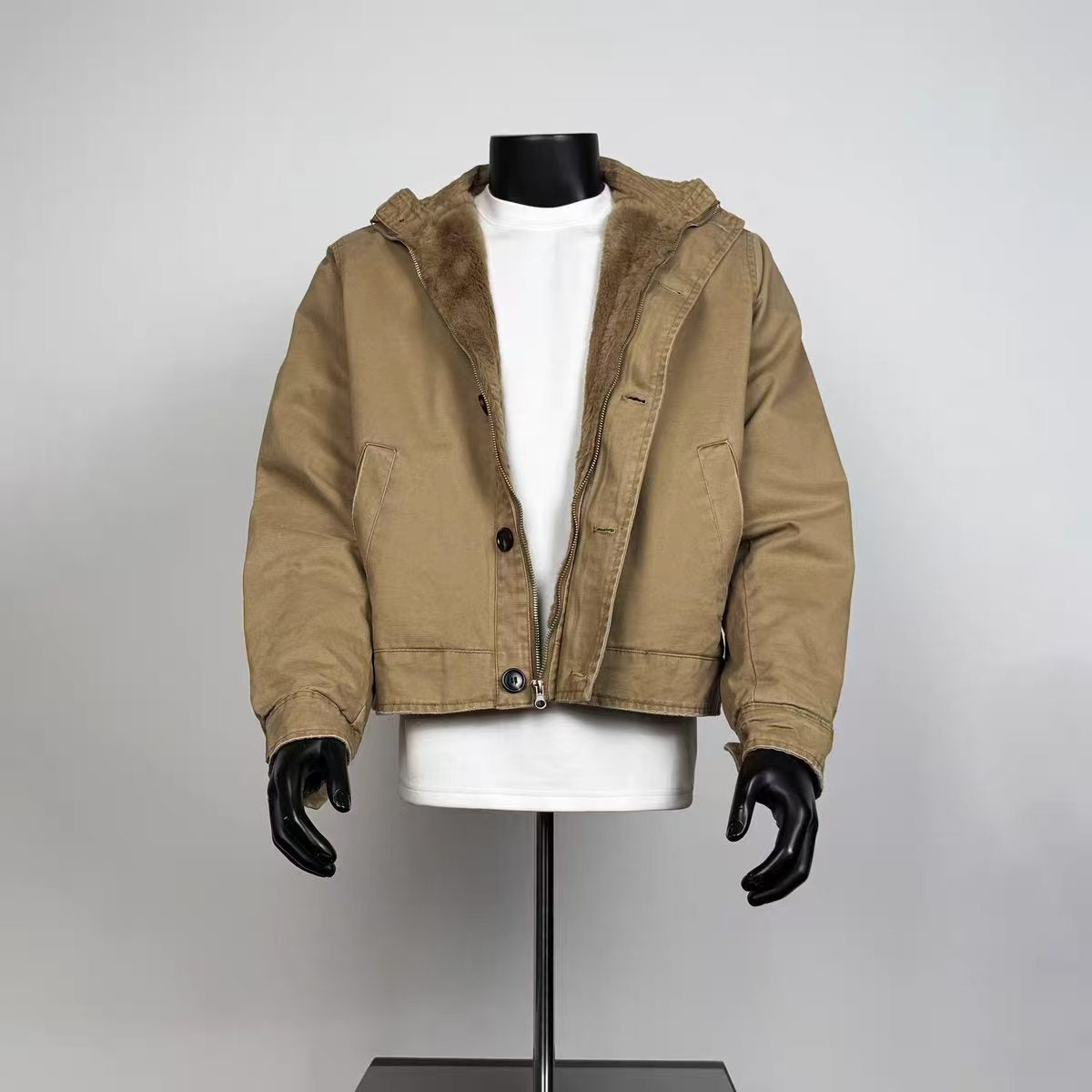 Men's Vintage Khaki Sherpa Lined Hooded Canvas Trucker Jacket Loose Cropped Warm Winter Work Coat