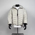 Men's Light Beige Horizontal Quilted Hooded Puffer Jacket Lightweight Loose Short Warm Winter Zip Coat