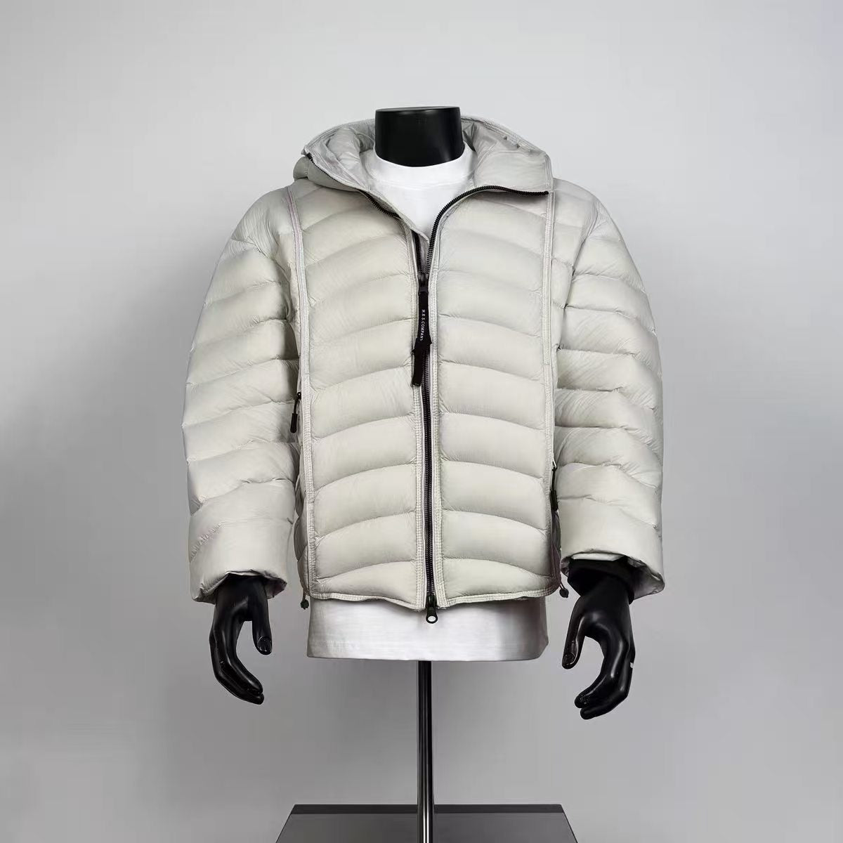 Men's Light Beige Horizontal Quilted Hooded Puffer Jacket Lightweight Loose Short Warm Winter Zip Coat