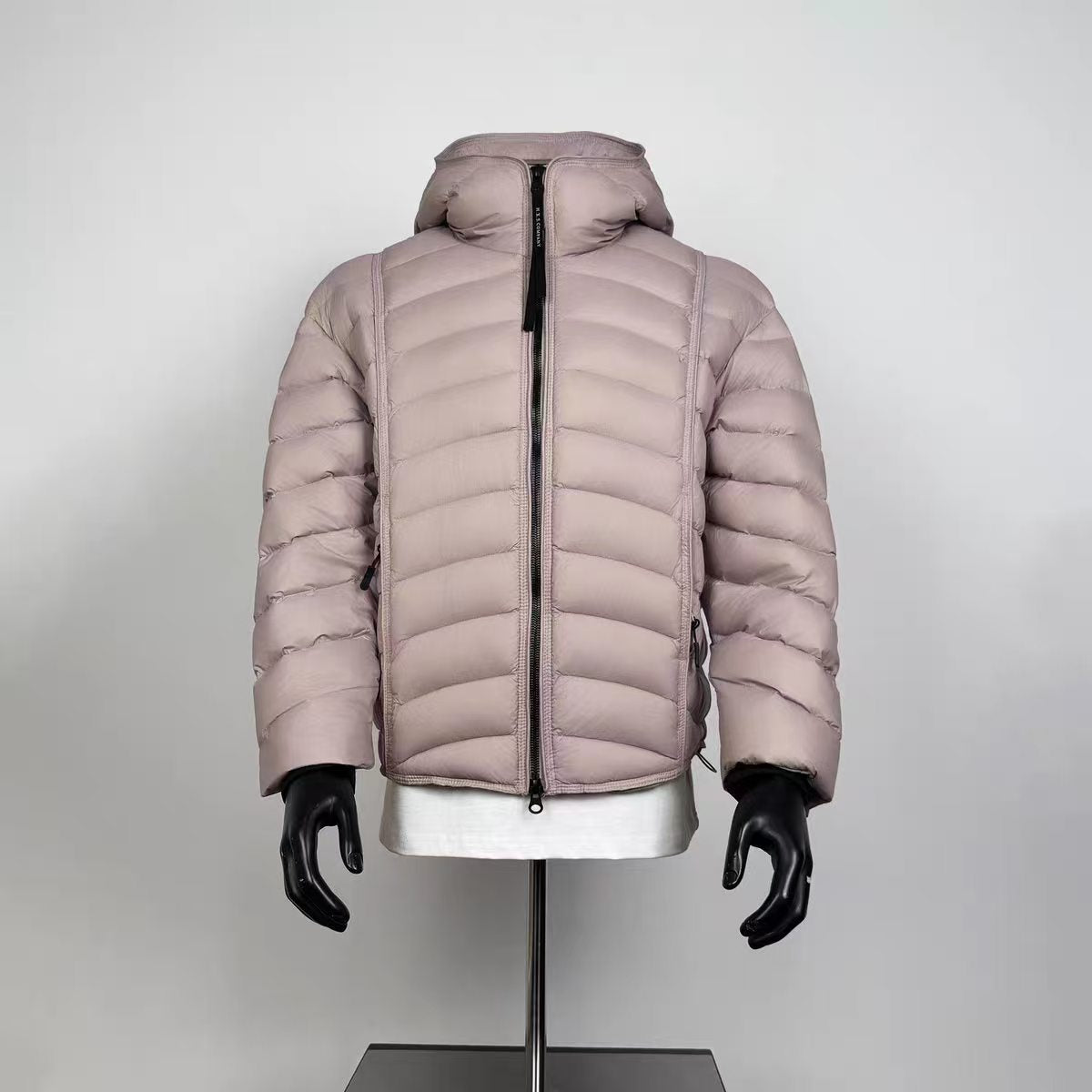Men's Dusty Pink Horizontal Quilted Hooded Lightweight Puffer Jacket Loose Short Zip Warm Winter Coat