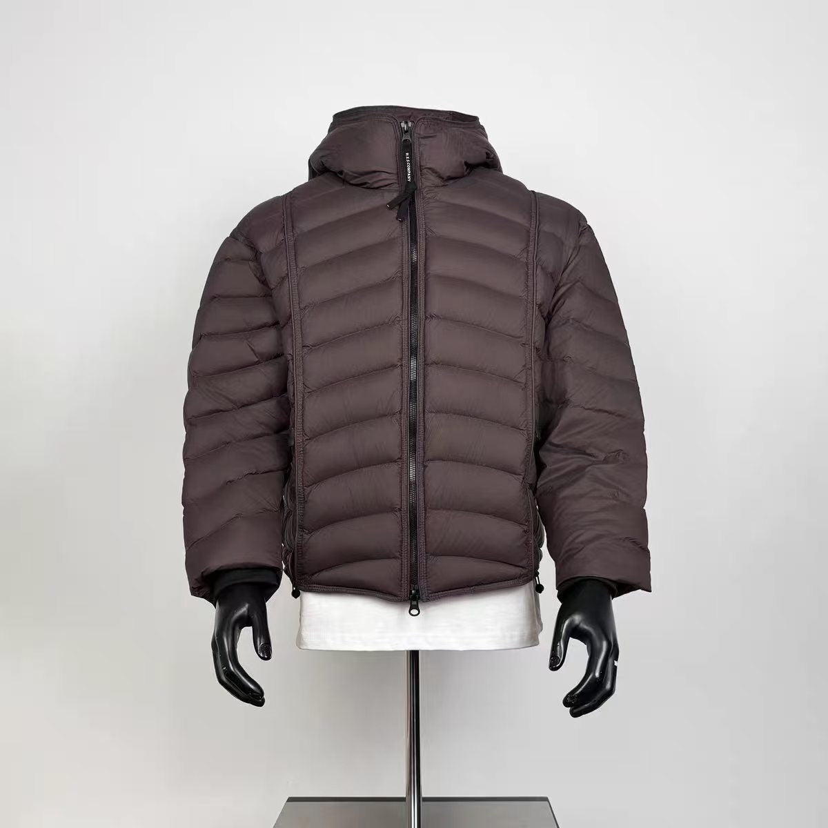 Men's Dark Coffee Horizontal Quilted Hooded Lightweight Puffer Jacket Loose Short Zip Warm Winter Coat
