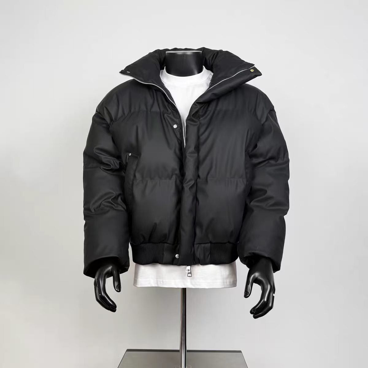 Men's Oversized Black Stand Collar Cropped Bomber Puffer Jacket Dual Zip