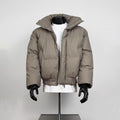 Men's Oversized Taupe High Stand Collar Cropped Bomber Puffer Jacket Dual Zip Snap Warm Winter Street Coat