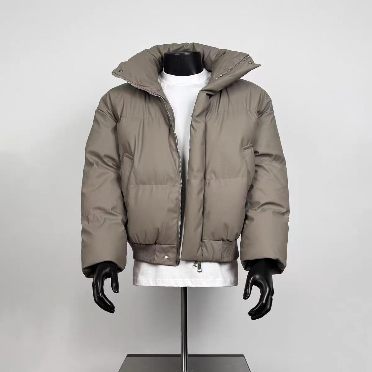 Men's Oversized Taupe High Stand Collar Cropped Bomber Puffer Jacket Dual Zip Snap Warm Winter Street Coat