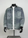 Men's Vintage Washed Greenish Grey Denim Shirt Jacket Loose Oversized Two Chest Pocket Button Up Casual Shacket