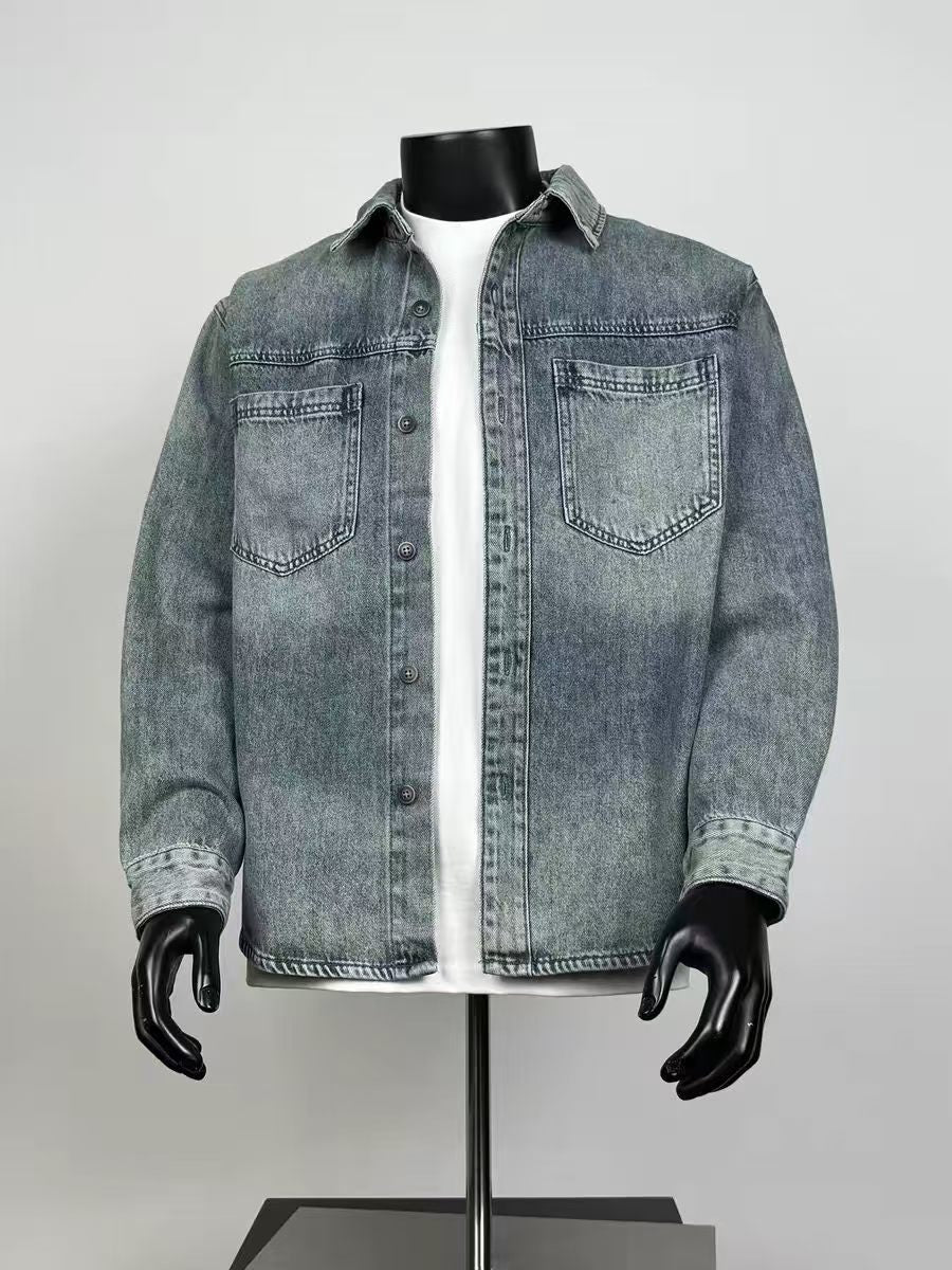 Men's Vintage Washed Greenish Grey Denim Shirt Jacket Loose Oversized Two Chest Pocket Button Up Casual Shacket