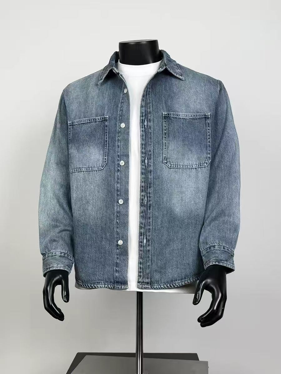Men's Classic Medium Wash Blue Denim Shacket Loose Oversized Two Chest Pockets Button Up Casual Shirt Jacket