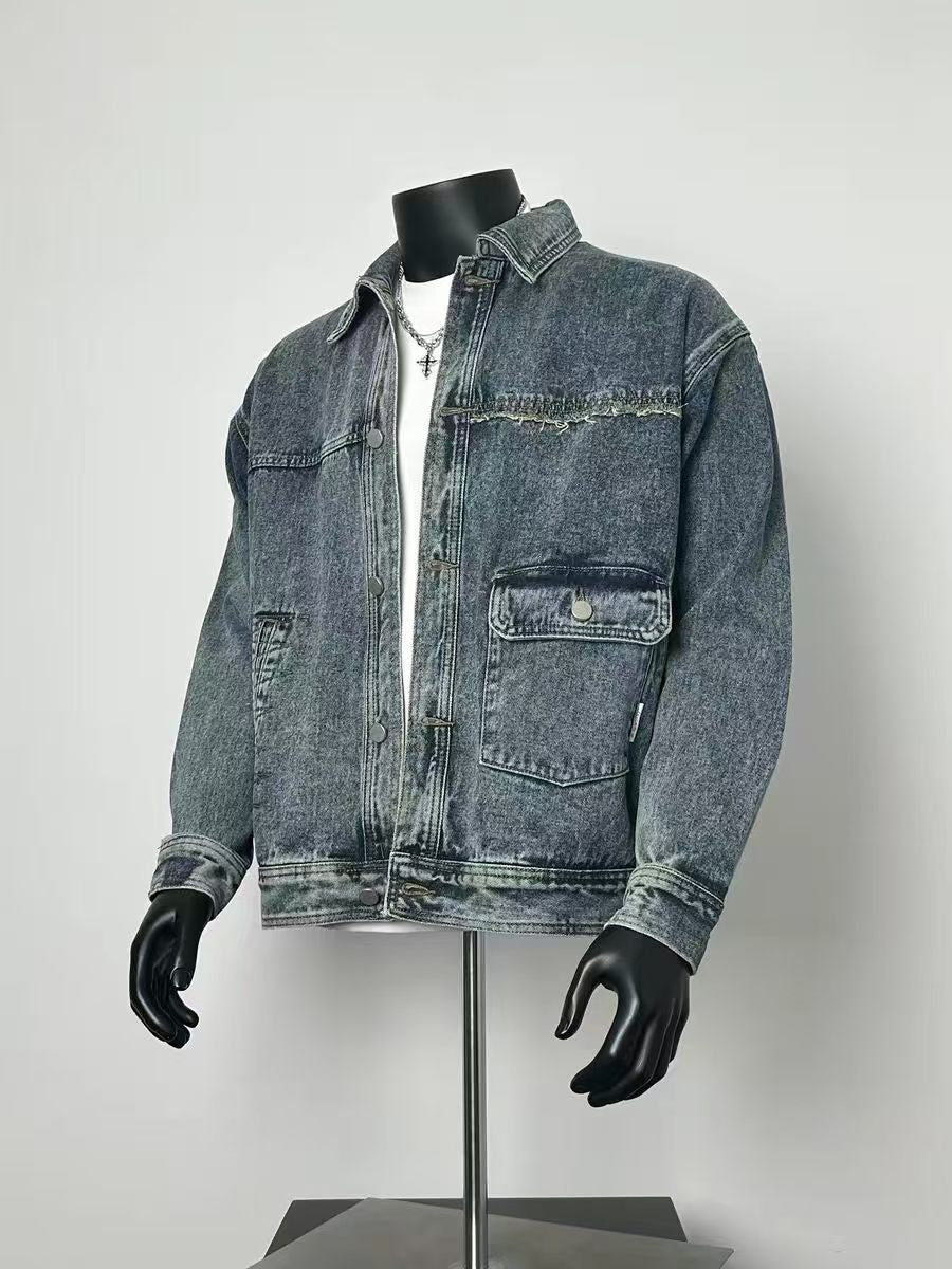 Men's Vintage Acid Wash Grey Denim Trucker Jacket Raw Edge Spliced Multi Pocket Loose Retro Work Coat