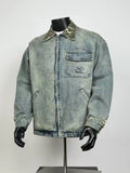Men's Vintage Washed Green Denim Zip Up Jacket Contrast Floral Print Collar Cuff Embroidered Pocket Loose Retro Street Coat
