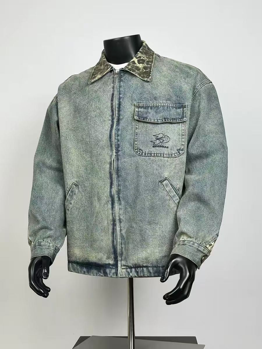 Men's Vintage Washed Green Denim Zip Up Jacket Contrast Floral Print Collar Cuff Embroidered Pocket Loose Retro Street Coat