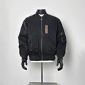 Men's Solid Black Classic MA1 Flight Bomber Jacket Rib Stand Collar Leather Zip Pull Multi Pocket Loose Vintage Military Coat