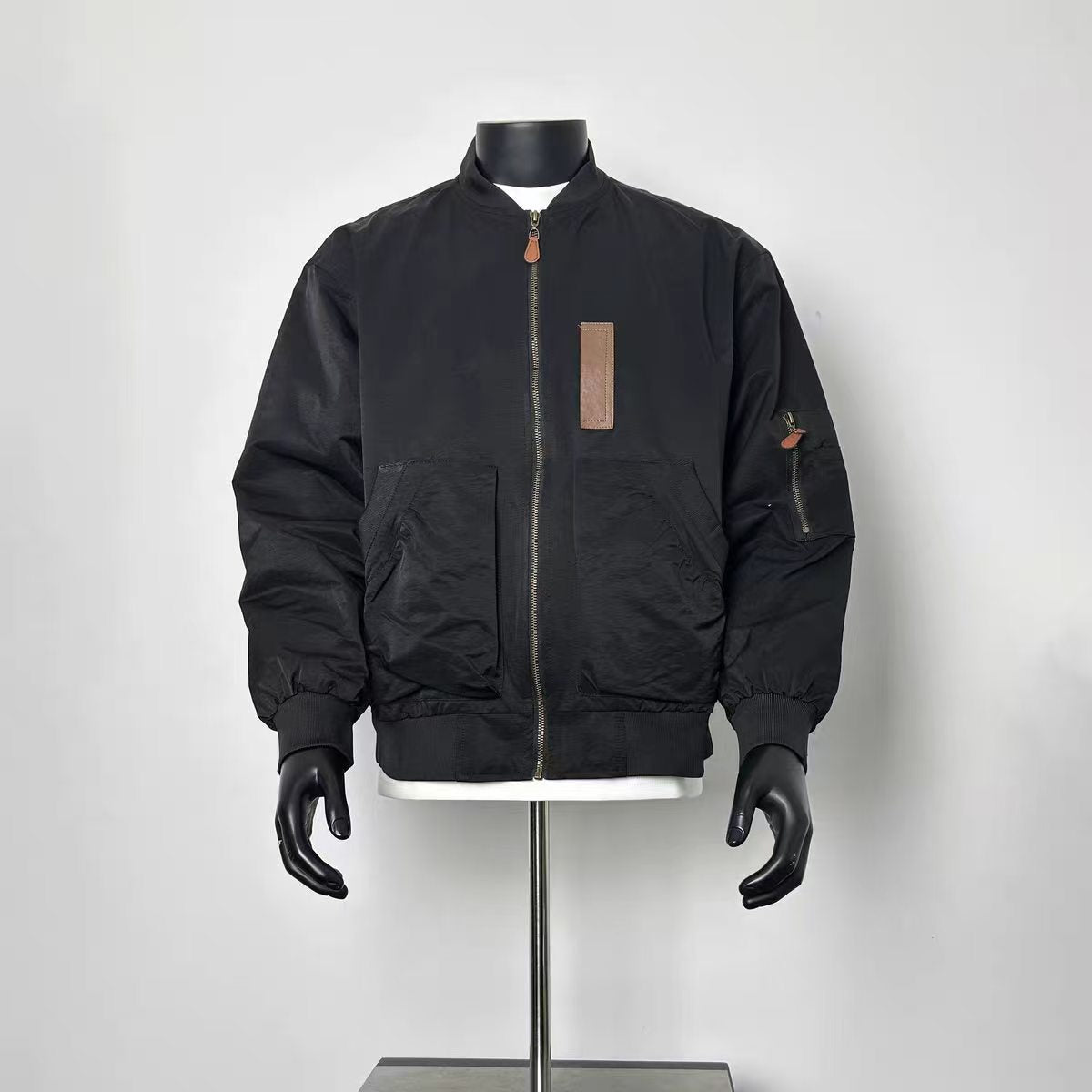 Men's Solid Black Classic MA1 Flight Bomber Jacket Rib Stand Collar Leather Zip Pull Multi Pocket Loose Vintage Military Coat