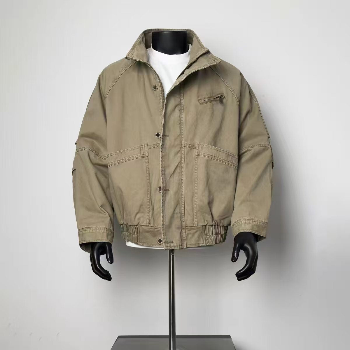 Multi Pocket Cargo Bomber Jacket Men Khaki Vintage Loose Military Work Coat