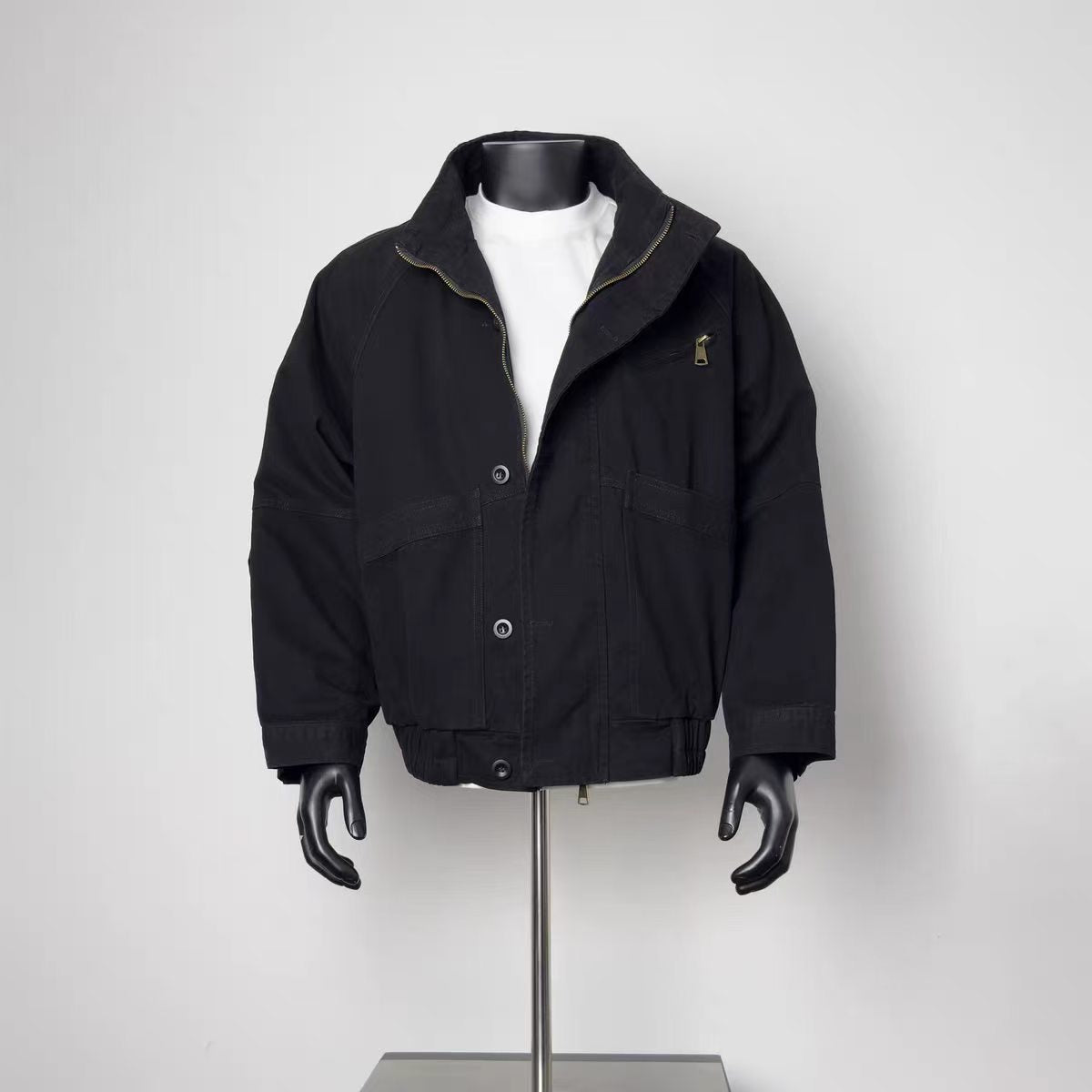 Men's Solid Black Vintage Washed Canvas Cargo Bomber Jacket Stand Collar Dual Zip Snap Multi Pocket Loose Military Work Coat