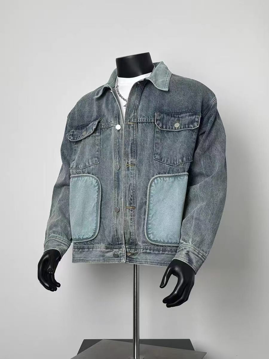 Men's Two Tone Contrast Patch Pocket Vintage Washed Denim Trucker Jacket Loose Oversized Button Up Casual Coat