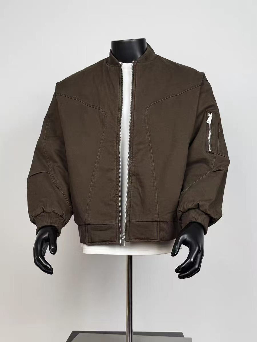 Curved Seam Washed Brown MA1 Bomber Jacket Men Loose Retro Military Coat