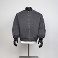 Men's Vintage Washed Dark Grey Curved Seam MA1 Bomber Jacket Rib Stand Collar Zip Sleeve Pocket Loose Retro Military Coat