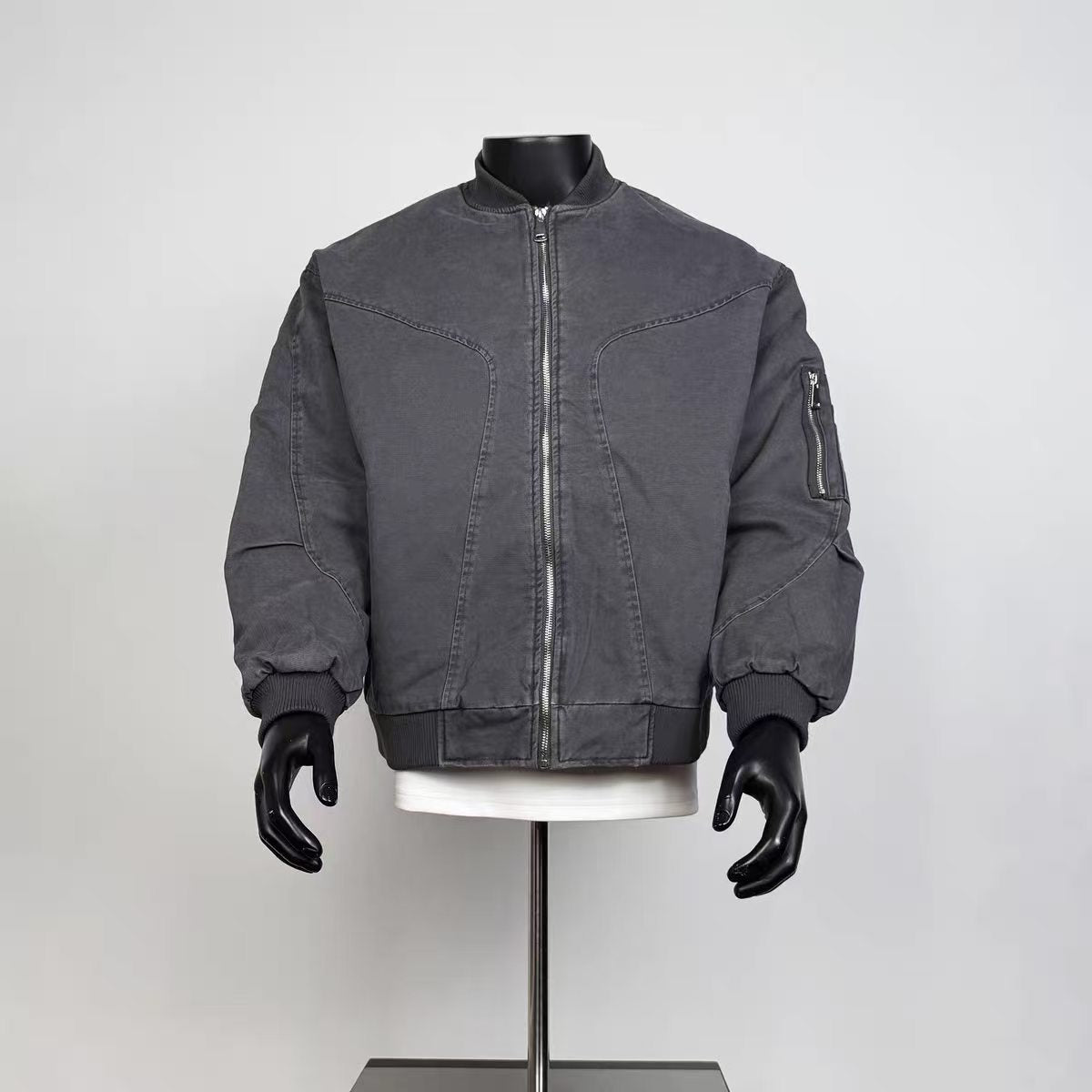Men's Vintage Washed Dark Grey Curved Seam MA1 Bomber Jacket Rib Stand Collar Zip Sleeve Pocket Loose Retro Military Coat