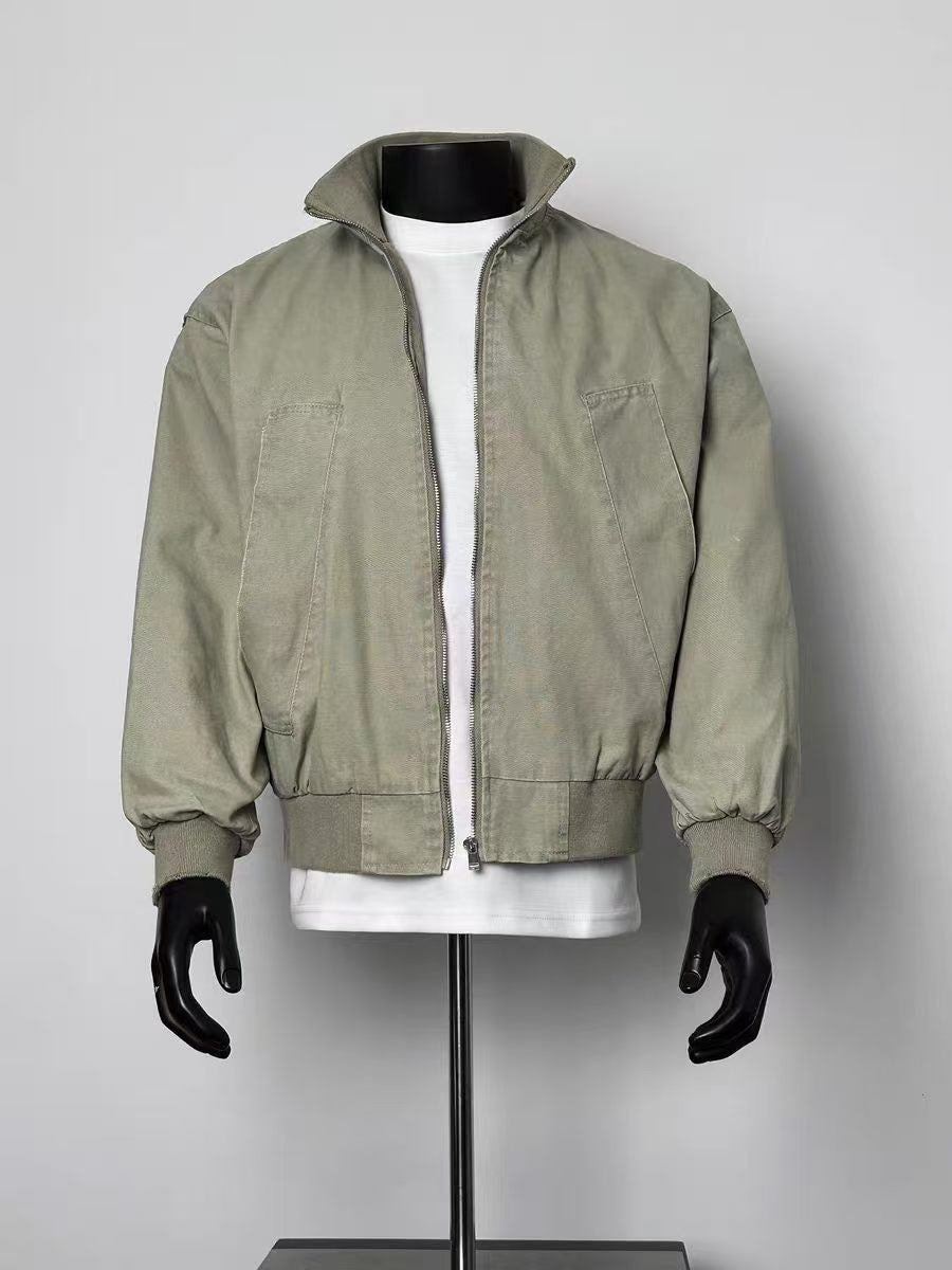 Vintage Washed Cotton Harrington Jacket Men, Stand Collar Zip Up Casual Bomber Coat