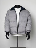 Reversible Men's Puffer Jacket, Light Gray & Navy Stand Collar Zip Up Winter Coat