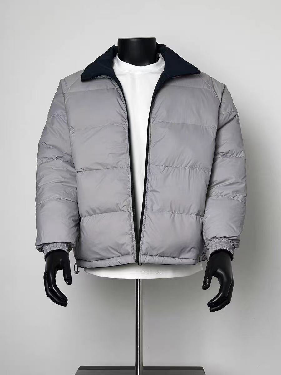 Reversible Men's Puffer Jacket, Light Gray & Navy Stand Collar Zip Up Winter Coat