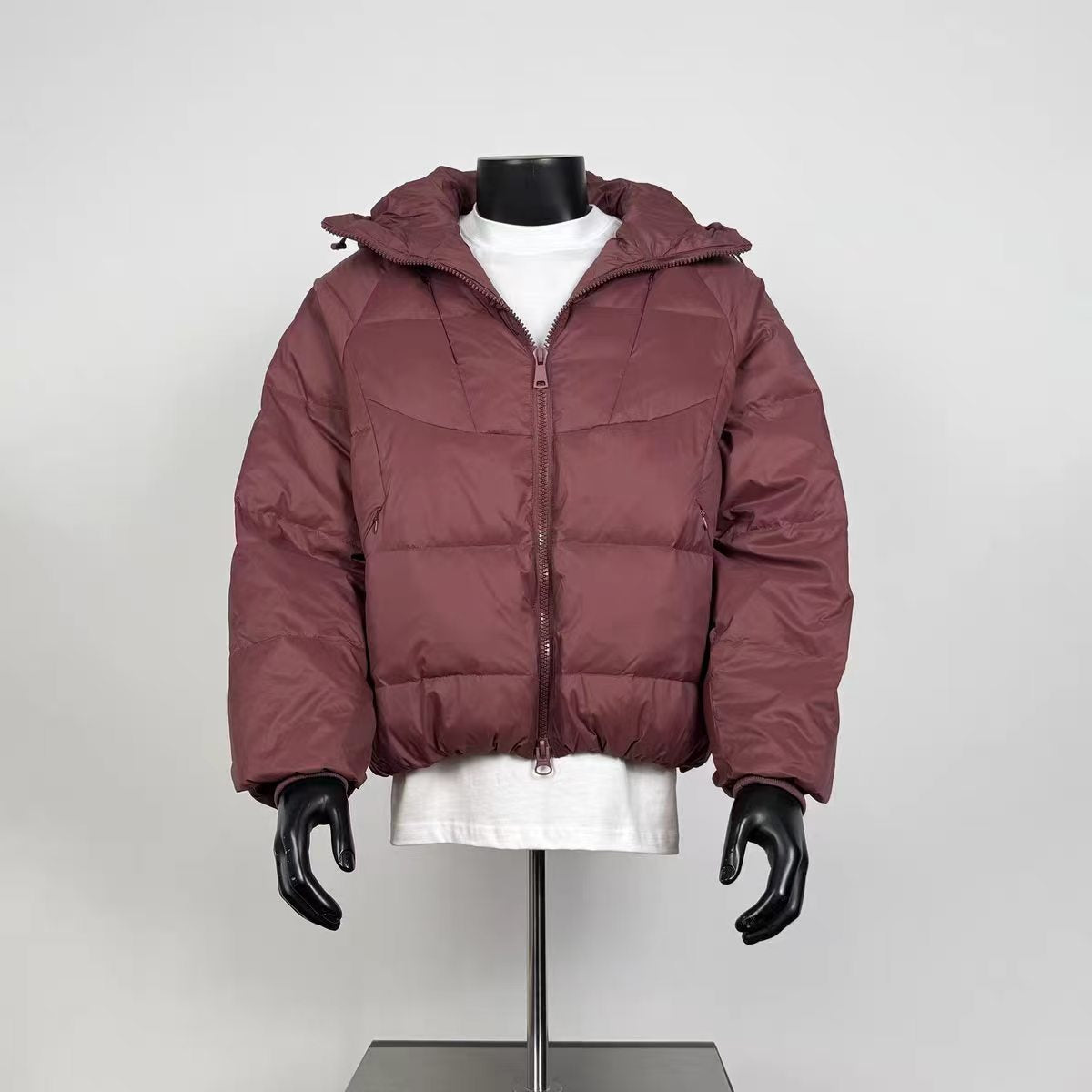 Men's Burgundy Cropped Hooded Puffer Jacket, Zip Up Lightweight Warm Winter Coat