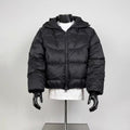 Black Cropped Hooded Puffer Jacket Men, Geometric Quilted Zip Up Warm Winter Coat