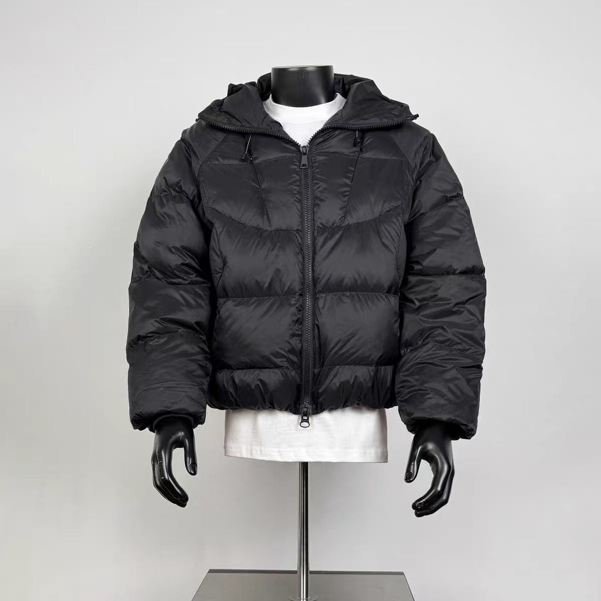 Black Cropped Hooded Puffer Jacket Men, Geometric Quilted Zip Up Warm Winter Coat