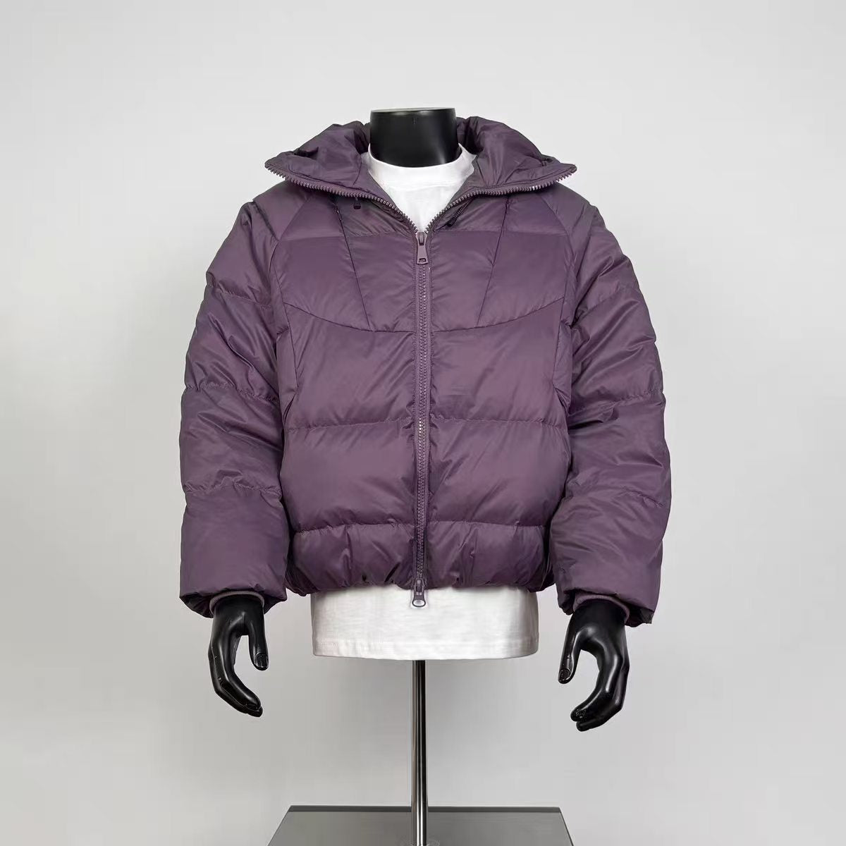 Dusty Purple Cropped Hooded Puffer Jacket Men, Geometric Quilted Zip Up Winter Coat