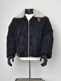 Vintage Suede Shearling Collar Bomber Jacket Men, Fleece Lined Warm Winter Flight Coat