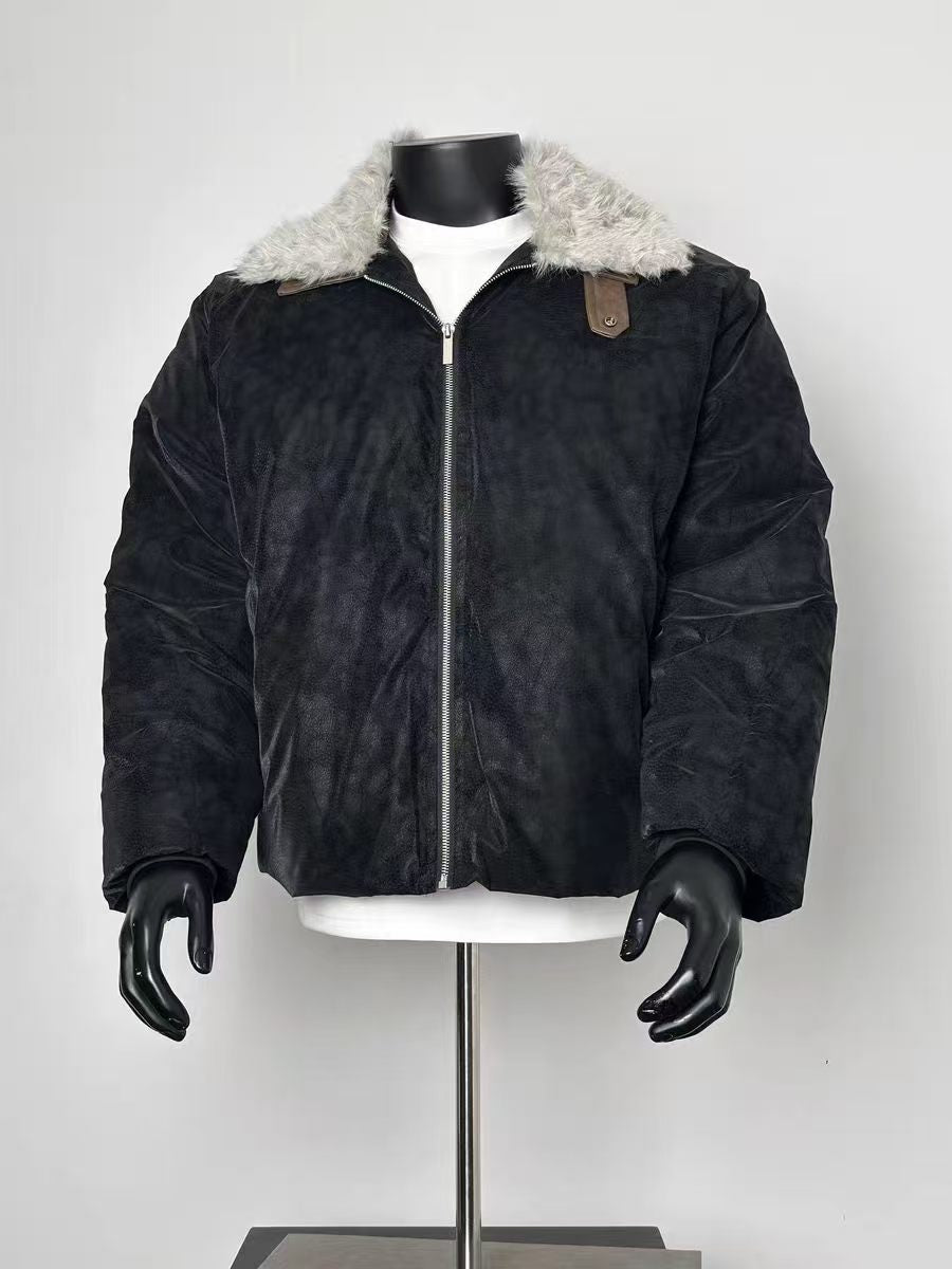 Vintage Suede Shearling Collar Bomber Jacket Men, Fleece Lined Warm Winter Flight Coat