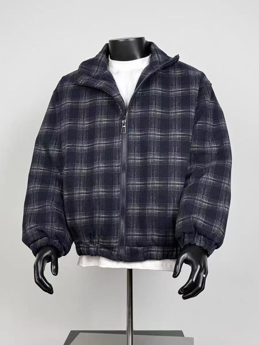Retro Checked Loose Boxy Jacket, Elastic Cuff Warm Flannel Lined Outerwear