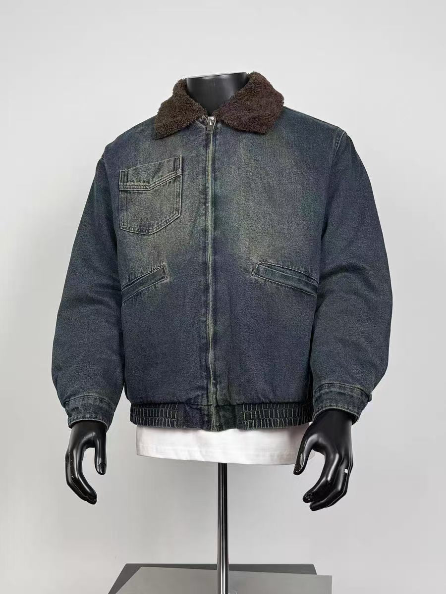 Vintage Washed Denim Bomber Jacket Men, Brown Fleece Collar Warm Lined Winter Coat