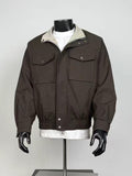Vintage Dark Brown Utility Bomber Jacket Men Striped Lined Stand Collar Cropped Relaxed Fit Coat