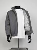 Men’s Gray Ribbed Knit Padded Jacket Stand Collar Full Zip Warm Lined Cardigan Coat