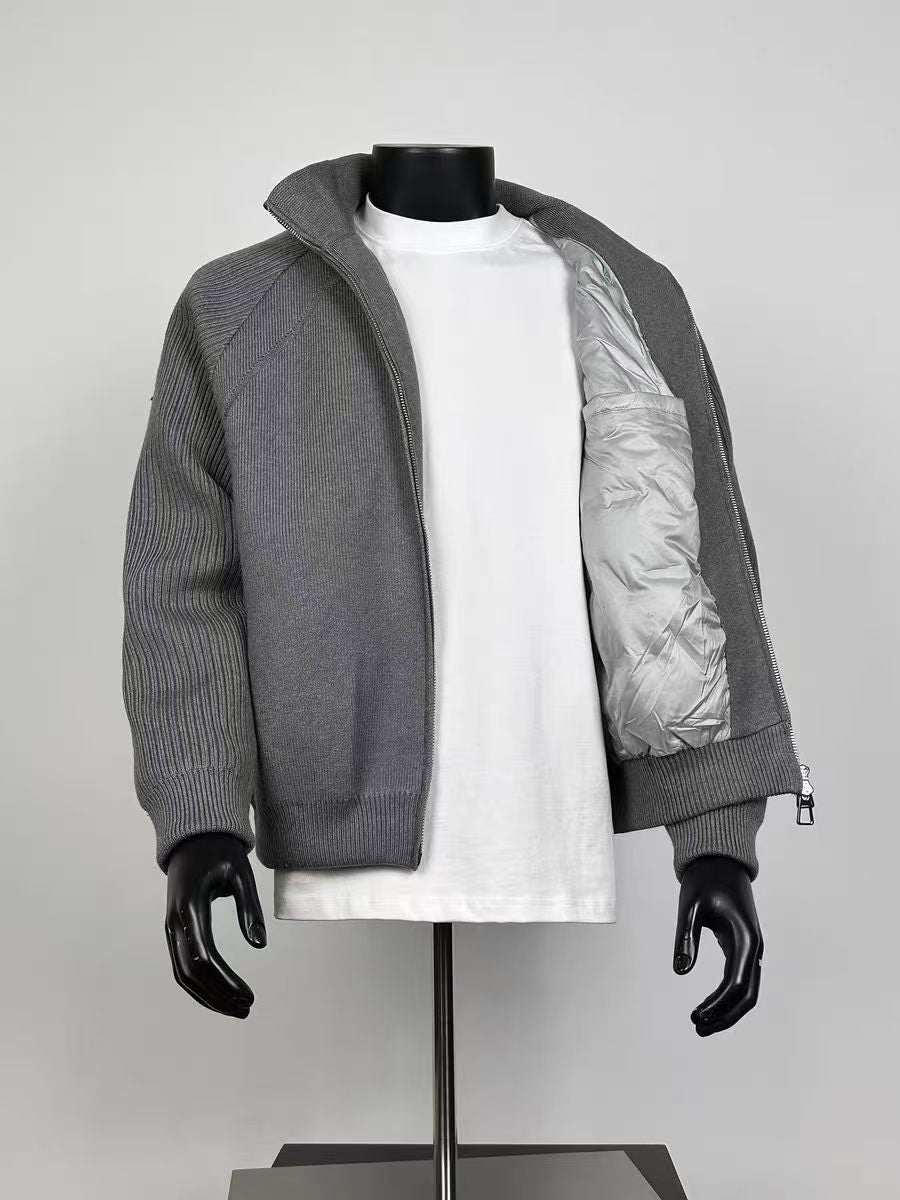Men’s Gray Ribbed Knit Padded Jacket Stand Collar Full Zip Warm Lined Cardigan Coat