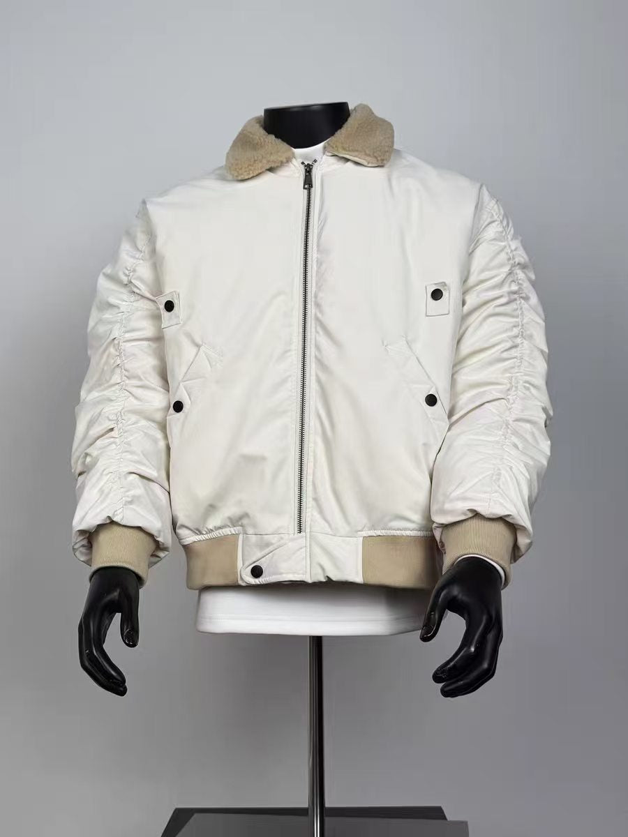 Vintage Cream Fleece Collar Flight Jacket Men Ruched Sleeve Loose Cropped Padded Outerwear