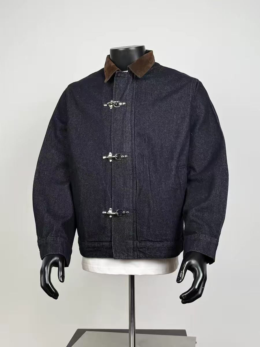 Men’s Raw Denim Work Jacket Brown Corduroy Collar Metal Hook Buckle Cropped Utility Coat